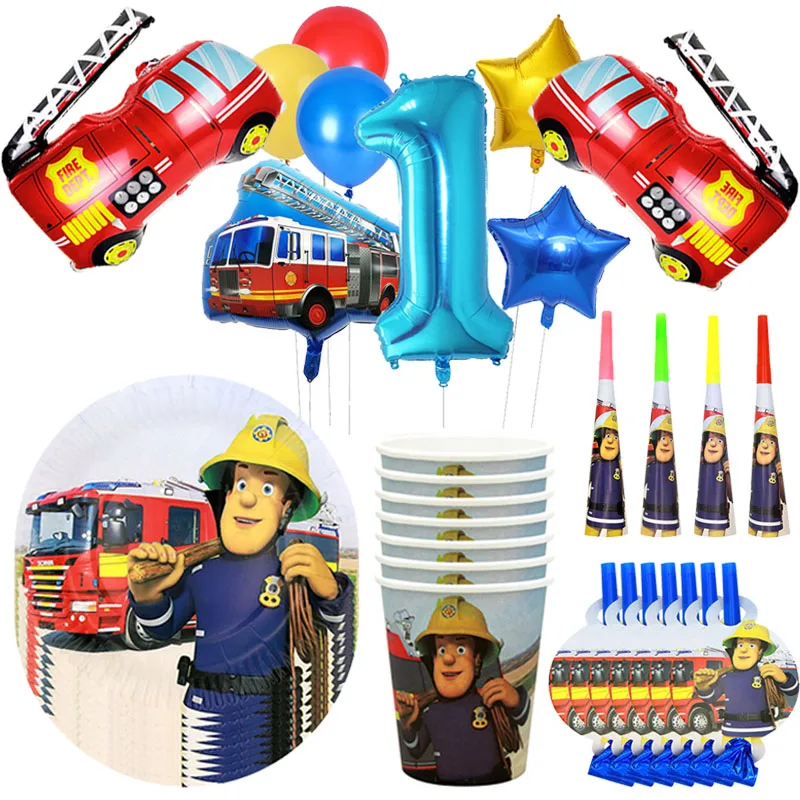 Fireman Sam Party Decor Set Fire Engine Fighter Tema Stoviglie Bicchieri Di Carta Piatto Banner Baby Shower Party Fire Turk Foil Ballons