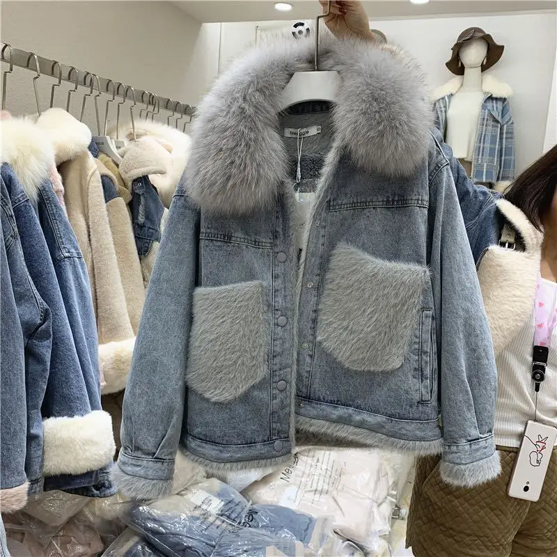 

2019 Autumn & Winter New Style Mink Hair Pocket Really Fox Large Fur Collar plus Velvet Cowboy Short Jacket Warm Versatile Loose