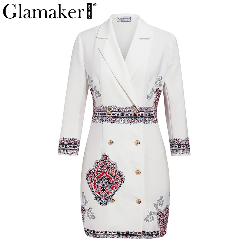 Glamaker Totem печатное сексуальное облегающее платье Блейзер женское осеннее двубортное короткое платье элегантное женское уличное платье зимнее - Цвет: Белый