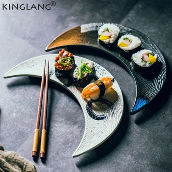 

1Pcs KINGLANG Moon Shape Ceramic Plate Wholesale Dish Sushi Plate Display 3Colors