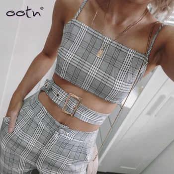 

Vintage 2 Piece Set Women Pants And Crop Tops Casual Spring Summer Suits Plaid Trousers Streetwear Bashes Matching Set 2020