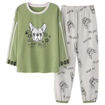 

Casual Tracksuit Full Sleeve Pure Cotton Sleepwear Women's Pajama Set Cute Tops + Plaid Pants Nightwear Long Sleeve Pijama Muje