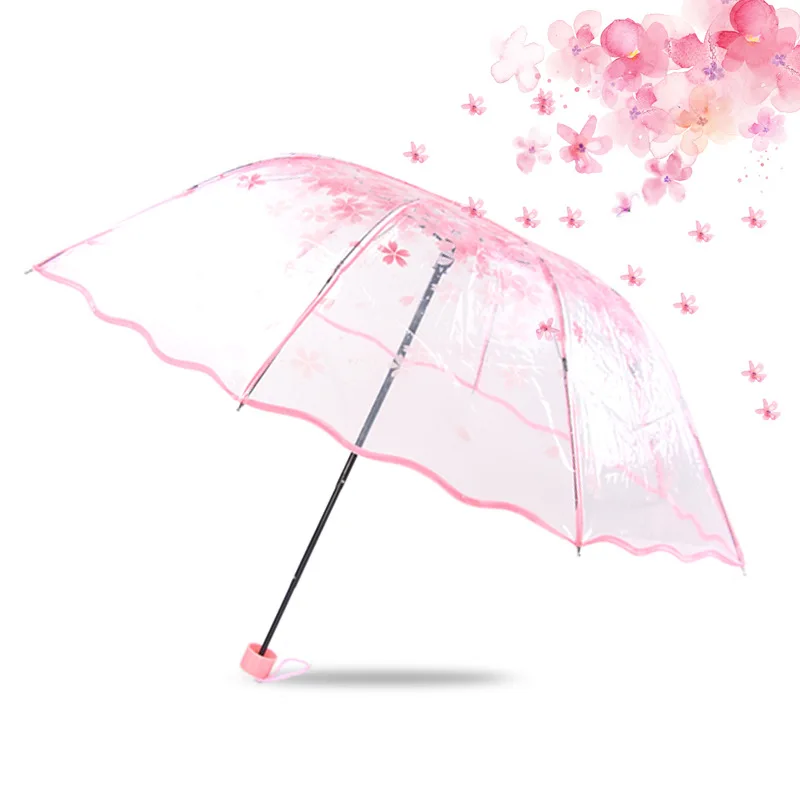 Lazmin Transparent Sakura Folding Umbrella Clear Outdoor Umbrella Cherry Blossom Fashionable Girls Rain Umbrella Blue 