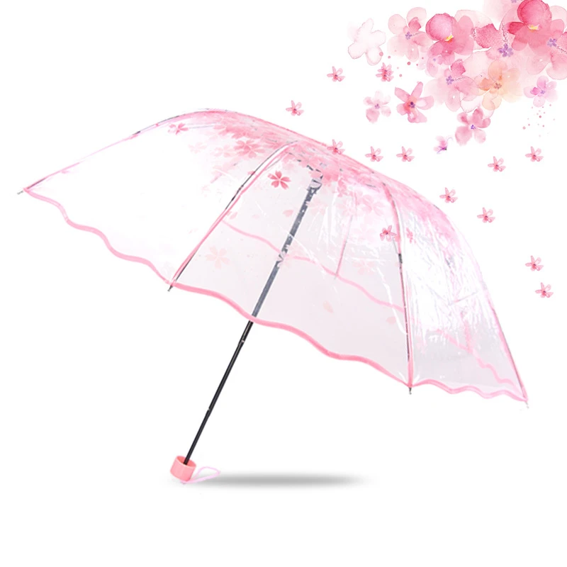 Paraguas transparente para el hogar, sombrilla plegable de 3 pliegues, Multicolor, flor de cerezo Sakura, mango largo equipo de lluvia, 1 ud.|Paraguas| - AliExpress