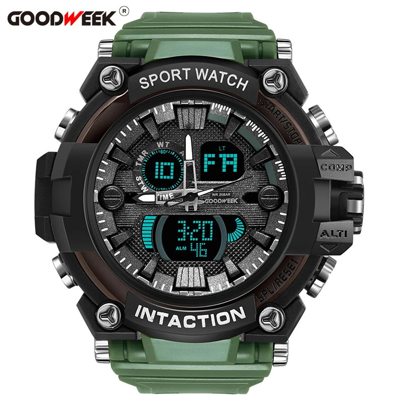 army green GOODWEEK мужские спортивные часы водонепроницаемые цифровые кварцевые часы мужские военные часы с двойным дисплеем для плавания Relogios Masculino - Цвет: army green