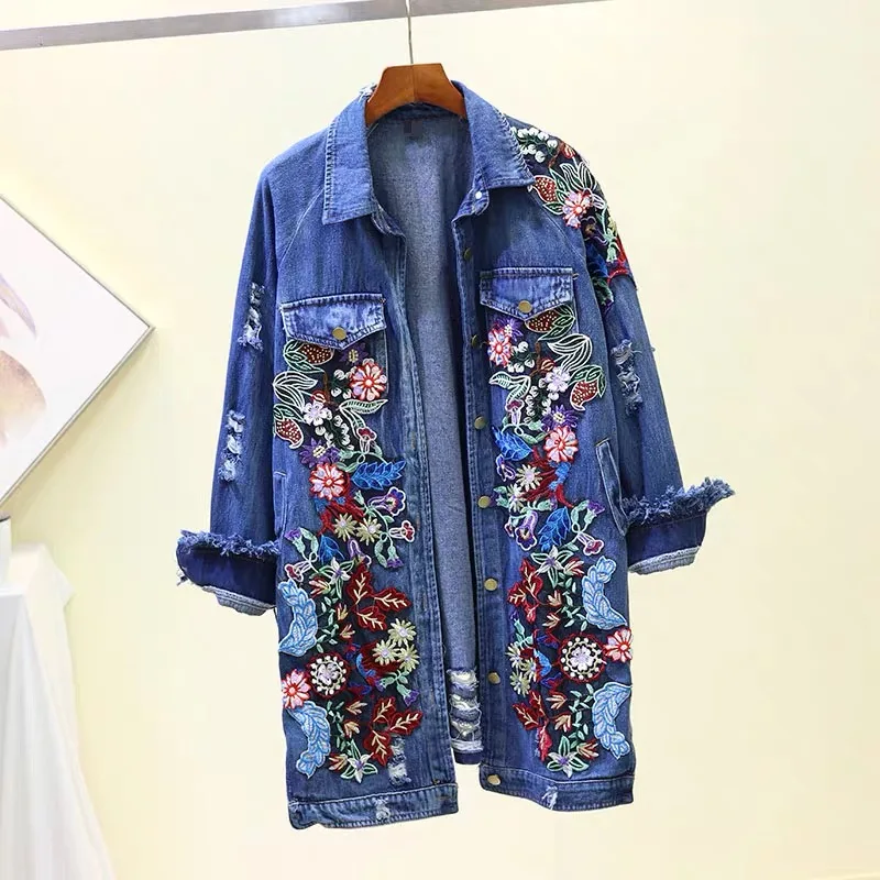 Floral Embroidery Denim Jacket Coats Women Spring Autumn Long Ripped Beading Tassel Jeans Jackets 2019 woman new street coats