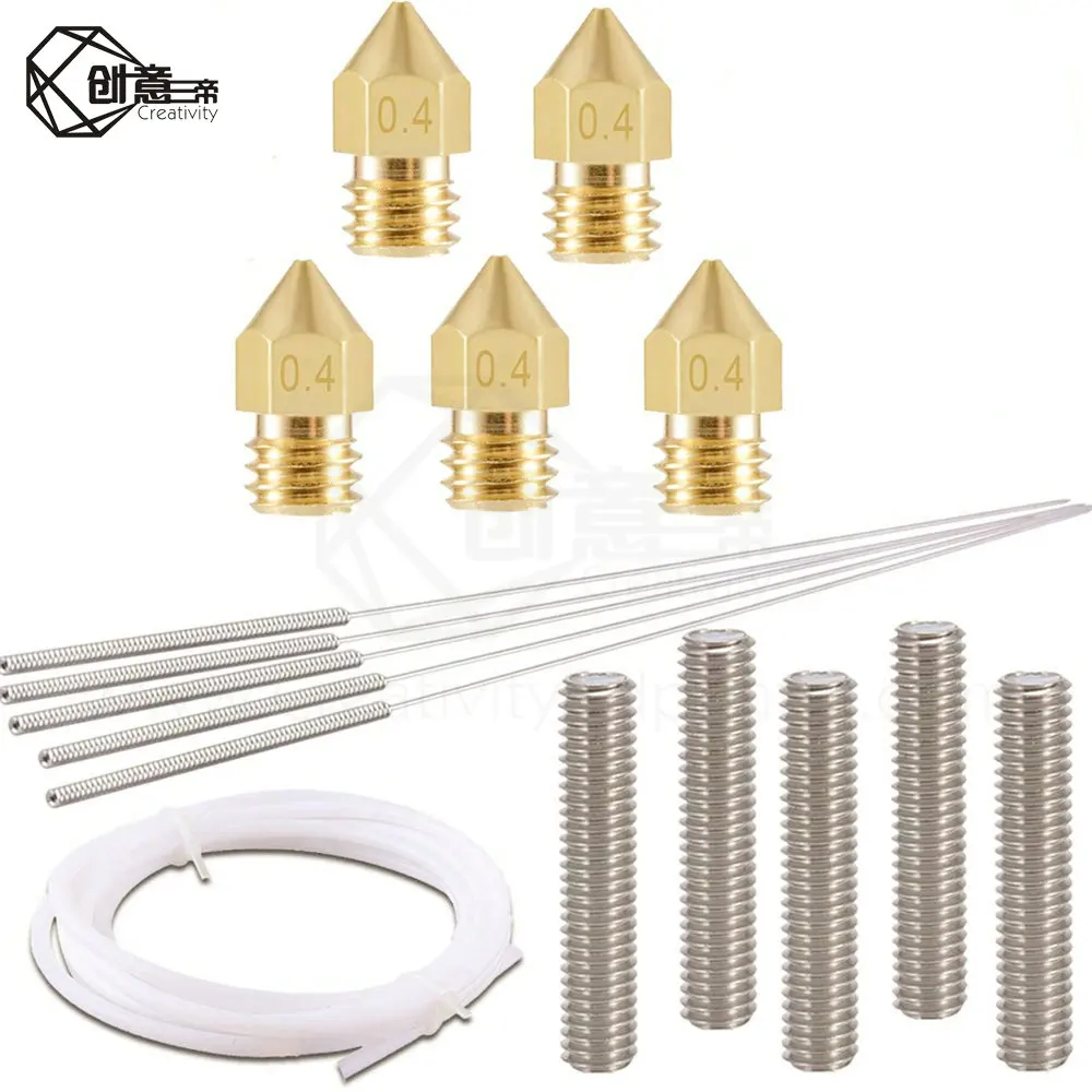 

parts 0.4 mm MK8 brass extruder nozzle with cleaning needle print head 0.4 mm drill bit 1M PTFE Teflon tube for MK8 3D printer