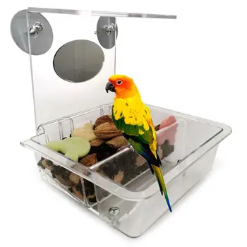 

Transparent Acrylic Bird Feeder with Mirror Pet Food Water Bowl Box Container 425D