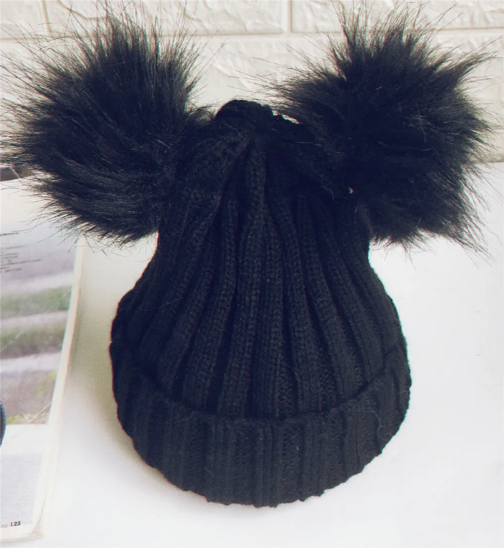 Amazon AliExpress Взрывные модели на eBay детская осенне-зимняя вязаная шерстяная шапка с двойным шариком шерстяная шапка с имитацией лисьего меха