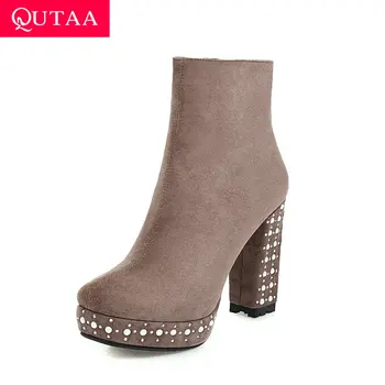 

QUTAA 2021 Crystal Square High Heel Ankle Boots Flock Zipper Women Shoes Autumn Winter Square Toe Platform Short Boots Size34-43
