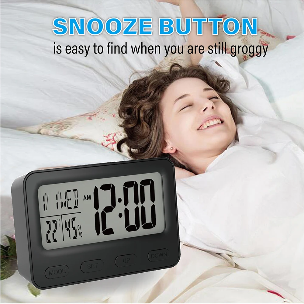 Electronic kids bedside wake up alarm clock digital LCD desk clock with indoor thermometer and hygrometer calendar and snooze lcd digital clock digital desk clock digital table clock