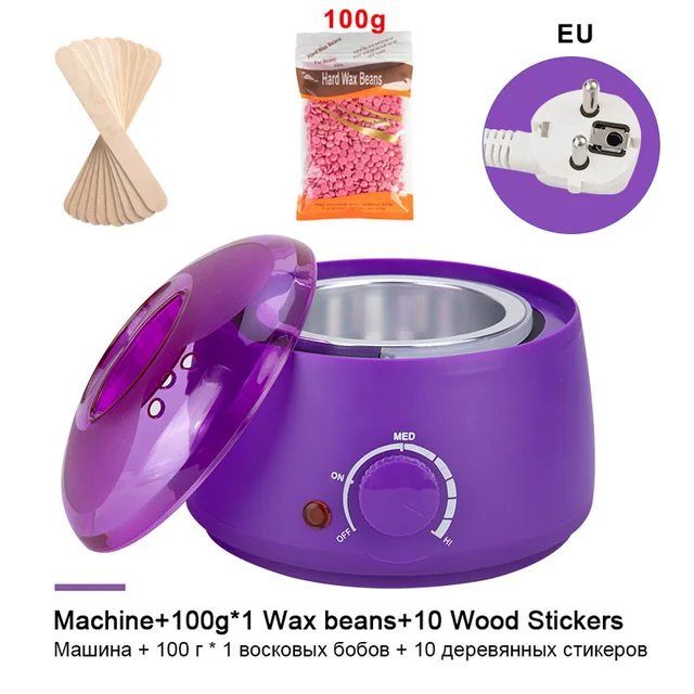 Hair Removal Wax-melt Machine Heater 200ml Wax Beans 10 Wood Stickers Hair Removal Machine Waxing Kit Calentador de cera Set 1 Purple EU plug