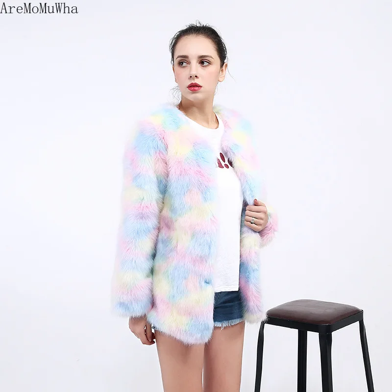 AreMoMuWha/модное женское пальто из искусственной норки с искусственным лисьим мехом, шерстяное пальто-свитер, цветная куртка, теплое пальто из искусственной норки, женское меховое пальто QX1178