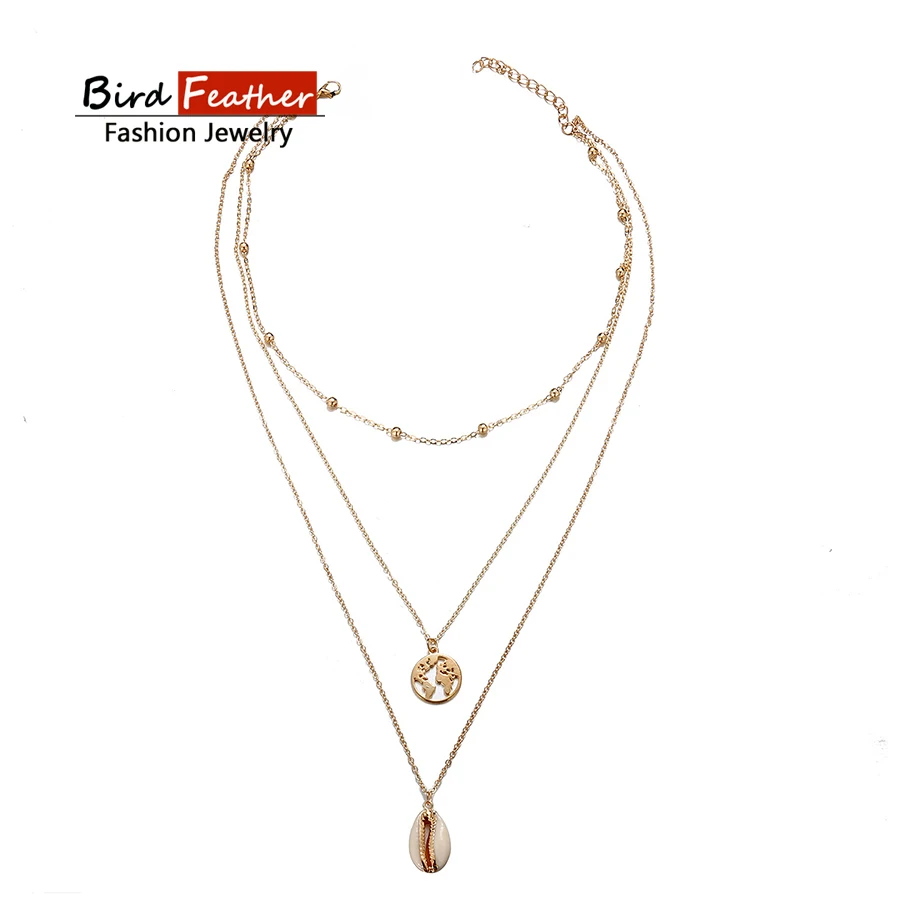 

Gold color Choker Necklace for women 3 layers shell map beads Pendant Chain Necklaces & Pendants velvet chokers Fashion Jewelry