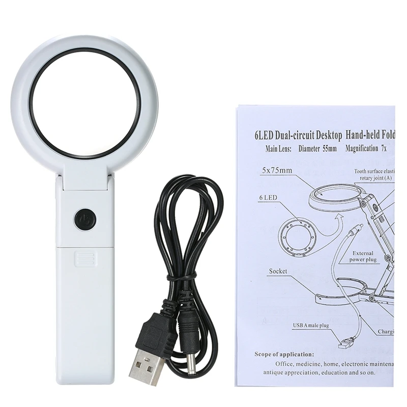BMBY-6 Led Portable 7X Folding Light Magnifier Magnifying Glass Table Desk Lamp Handheld Foldable Loupe Magnifying Lens