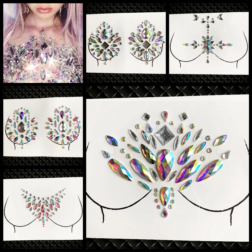 Rave Rhinestone Nipple Cover Stickers Self-Adhesive Glitter Breast Body Art Jewels Disposable 3D Tattoo Gems For Party Festival