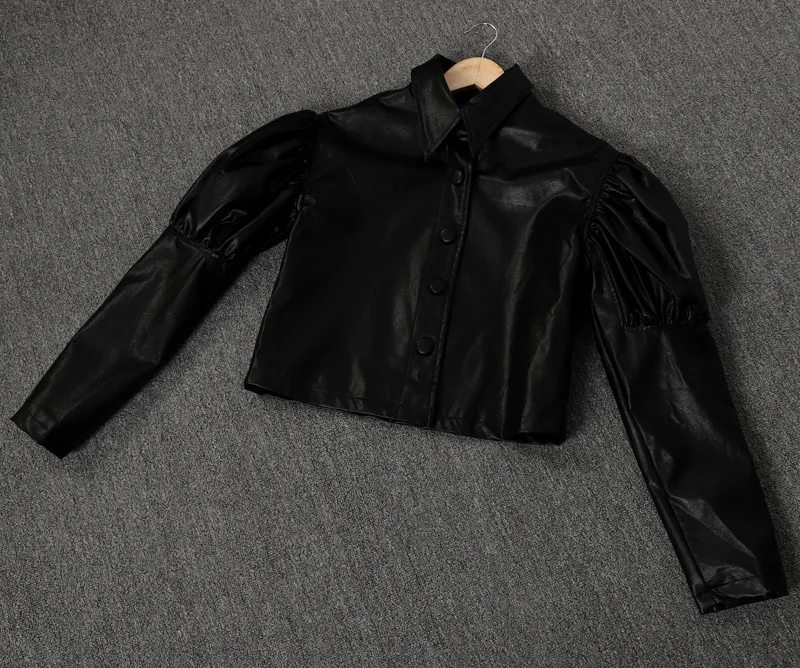 DEAT new turn-down collar lantern sleeves single breasted PU leather short jacket female coat high quality WJ05601M