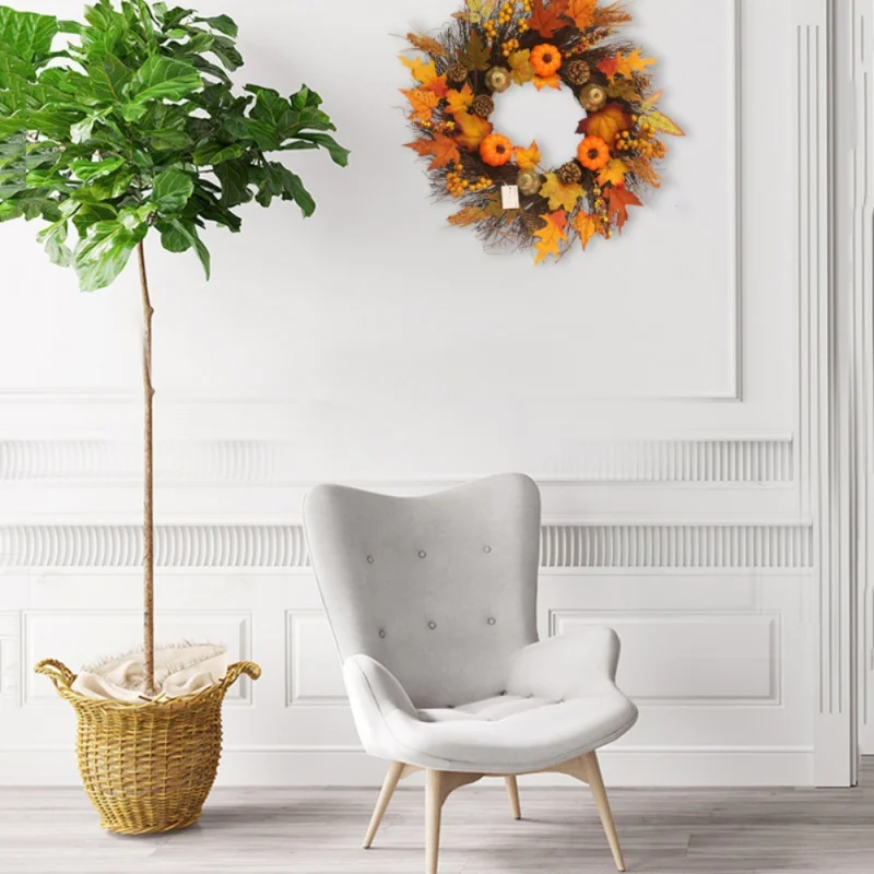 New 45CM Autumn Holiday Artificial Pumpkin Maple Leaves Wreath Thanksgiving Day Halloween Front Door Wall Hanging Garland