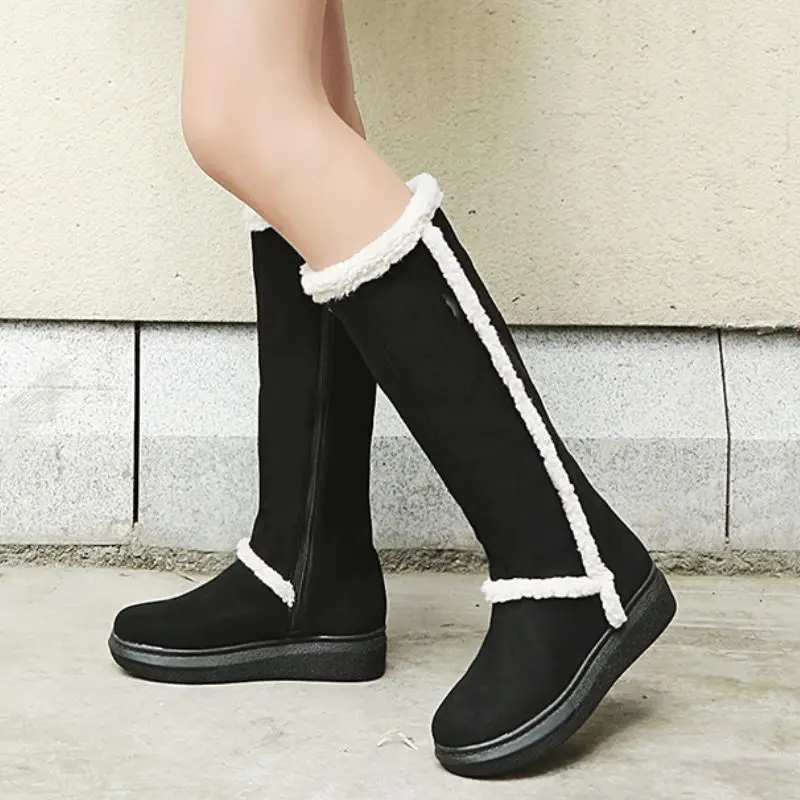 FITWEE New Winter Warm Knee High Boots For Women Side Zipper Flats Shoes Leisure Outdoor Fur Women Footwear Size 34-43