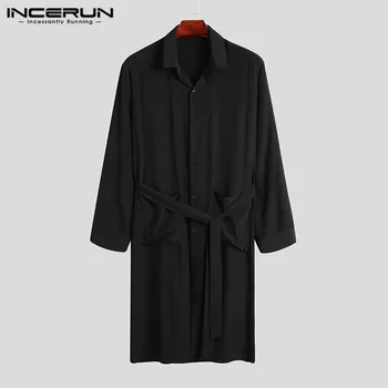 

INCERUN Fashion Men Robes Homewear Long Sleeve Solid Lapel Pockets 2020 Nightgown Dress Comfortable Casual Bathrobes Men Clothes