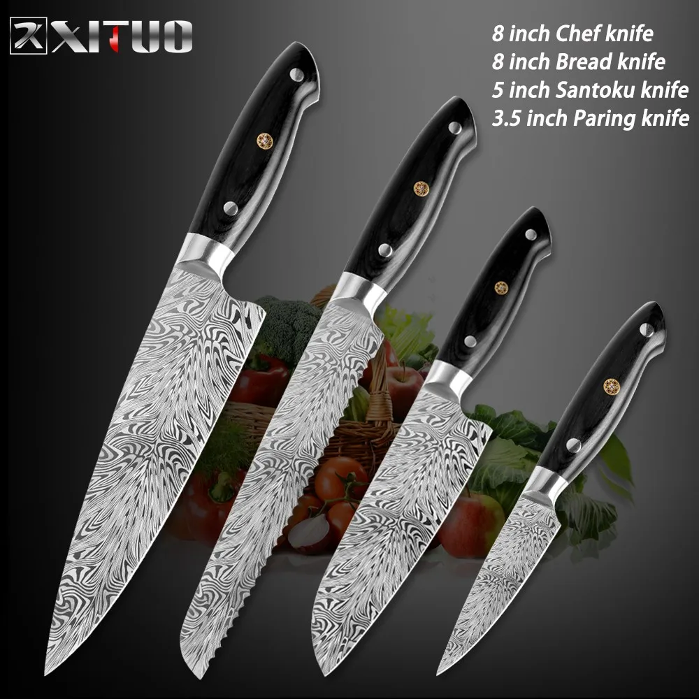 4PCS set A XITUO кухонный нож повара лазерный дамасский нож из дамасской стали из нержавеющей стали Острый японский сантоку утилита Кливер кухонные ножи - Цвет: 4PCS set A