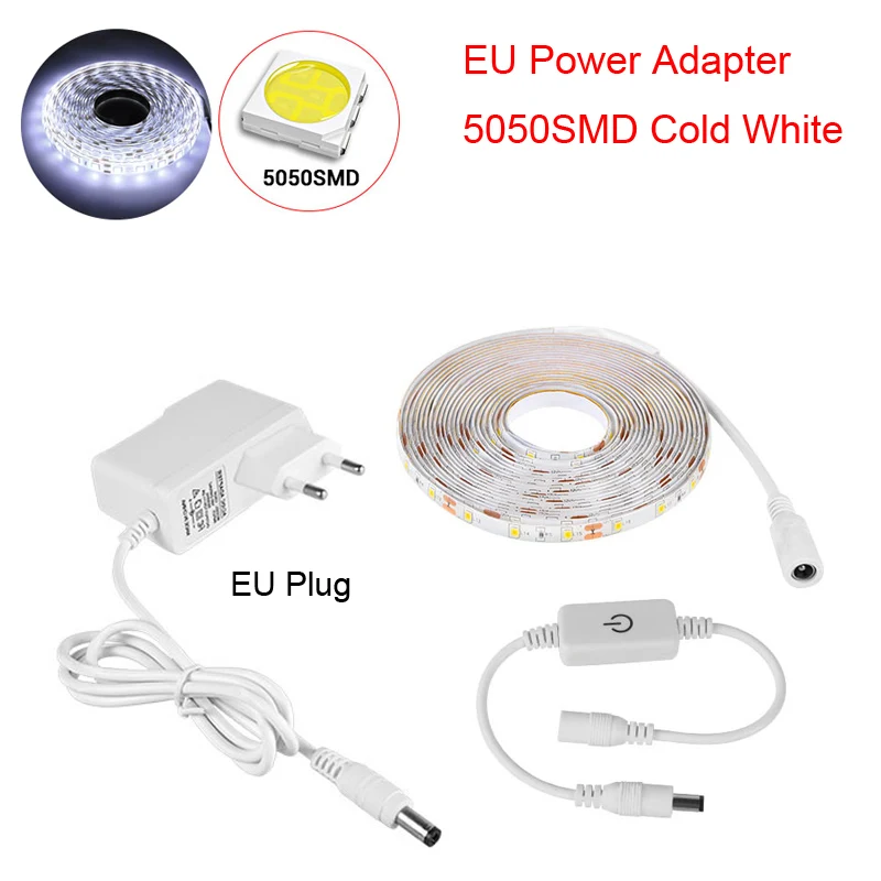 5050 Cold White EU 12 В постоянного тока, 1 м-5 м, светодиодный сенсорный выключатель с регулируемой яркостью, Ночной светильник 2835 5050, Светодиодная лента, набор для кухонного шкафа, кровати, лестницы, подсветка, светильник - Испускаемый цвет: 5050 Cold White EU