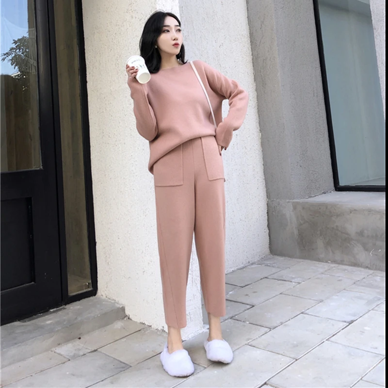 Najtaniej Jesienno zimowa dzianinowa zestaw damski gruby ciepły O Neck luźny dzianinowy garnitur Slim kieszeń Harem Pants ponadgabarytowe dorywczo eleganckie czarne ubrania