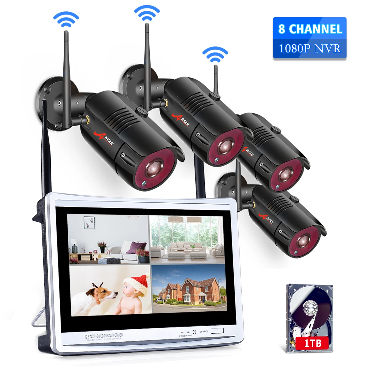 4 x Camera 8CH NVR ANRAN 1080P 8CH комплект домашнего видеонаблюдения камеры видеонаблюдения Системы открытый Ночное видение IP камера, Wi-Fi, Камера, украшенное мозаикой из драгоценных камней, 12 дюймов монитор NVR Наборы - Цвет: 4 x Camera 8CH NVR