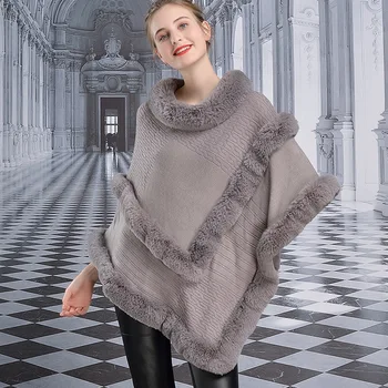 

Z52 # New European and American Otter Rabbit Fur Cloak Double V Shawl Autumn and Winter Women Poncho