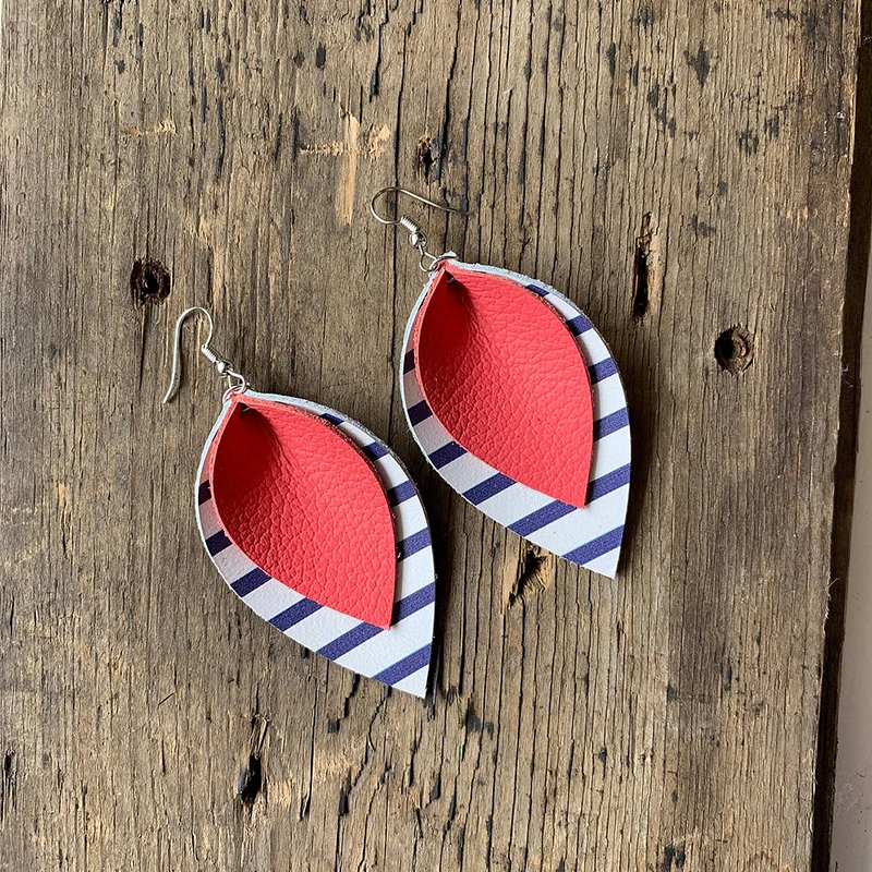 Double Layer Glitter Colorful Striped Teardrop Earrings Rose Gold Leather Blue And White Stripes Large Leaf Earrings Stock