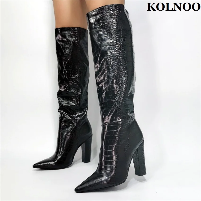 

Kolnoo New Elegant Handmade Ladies Chunky Heel Knee Boots Pleated Pointy Retro Party Prom Booties Evening Fashion Winter Shoes