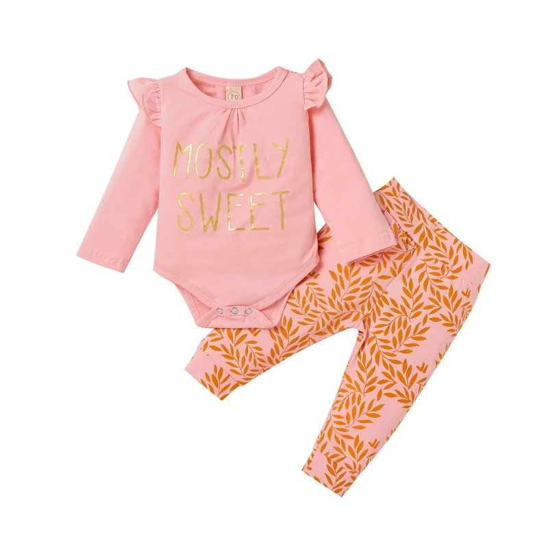 

Fashion Children's Casual Cute Letter Pullover Flying Sleeve Two-piece Baby Sets 2021