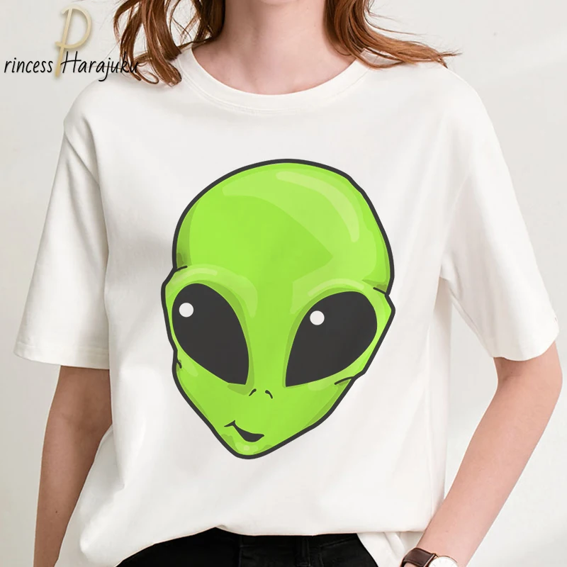 2020 Женская модная Милая футболка Harajuku футболки Funy Alien карикатура белая