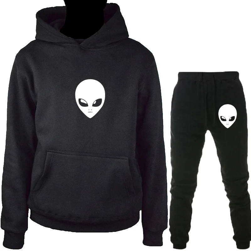 Black-B-HeiK Alien толстовка с капюшоном+ брюки костюм для мужчин женщин осень зима пуловер Толстовка Топы с принтом по всему миру спортивный костюм повседневная одежда - Цвет: Black-B-HeiK