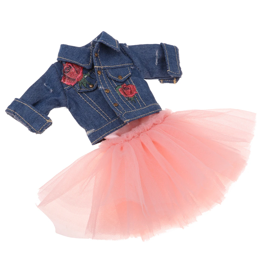 Adorable 4-Layers Gauzy Dress Jeans Jacket Outfit for 12inch Blythe Azone 1/6 BJD Dollfie Dolls Clothes Accessories Pink
