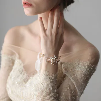 

SLBRIDAL Handmade Wired Crystal Wedding Bracelet Rhinestones Freshwater Pearls Bridal Bracelet Bridesmaids Women Jewelry