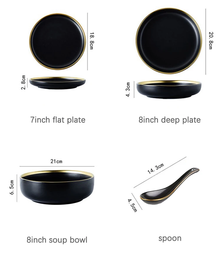 White And Black Round Gold Stroke Ceramic Dinner Plate Set