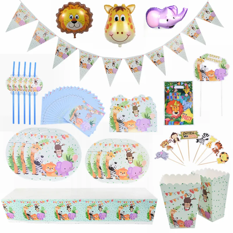 

Cartoon Animal Disposable Tableware Set Jungle Theme Party Safari Zoo Banner Balloon Decoration Kids Favors Birthday Supplies 8z