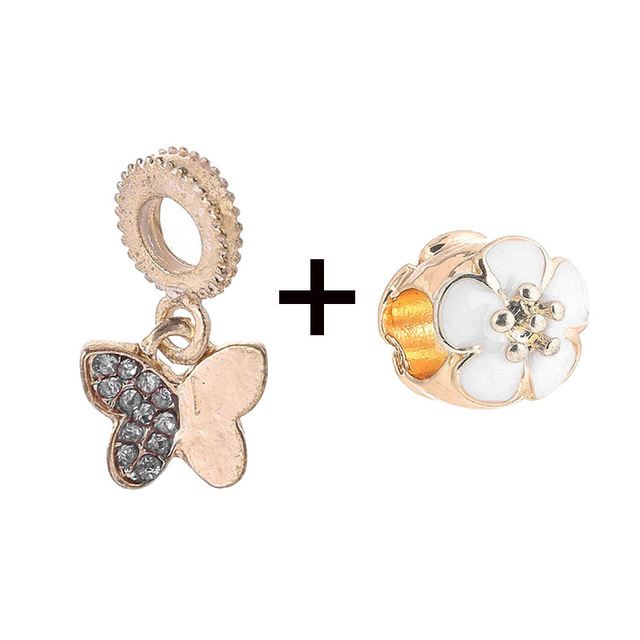 New Style Pink Glamour Flowers Daisy & Crystal Butterfly Charms Beads Fit Brand Bracelets DIY Jewelry Gift For Women