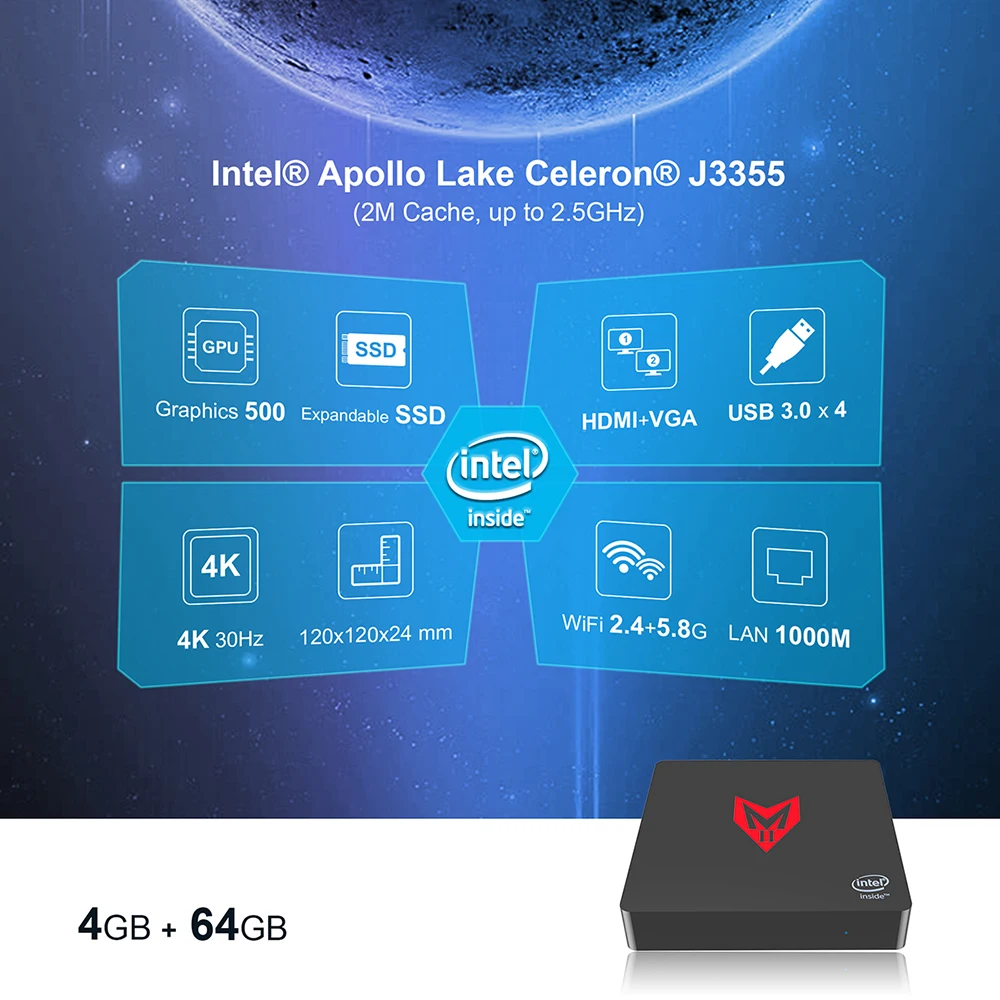 MII мини пк Windows 10 Intel Apollo Lake J3355 до 2,5 ггц HD graphics 4 гб LPDDR4 64 гб rom 2,4G 5,8G WiFi 1000 мбит/с USB3.0 BT4.0
