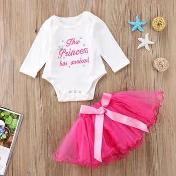 

Long Sleeve The Princess Has Arrived Print Bodysuit and Mesh Skirt 2pcs Set For Baby Girl