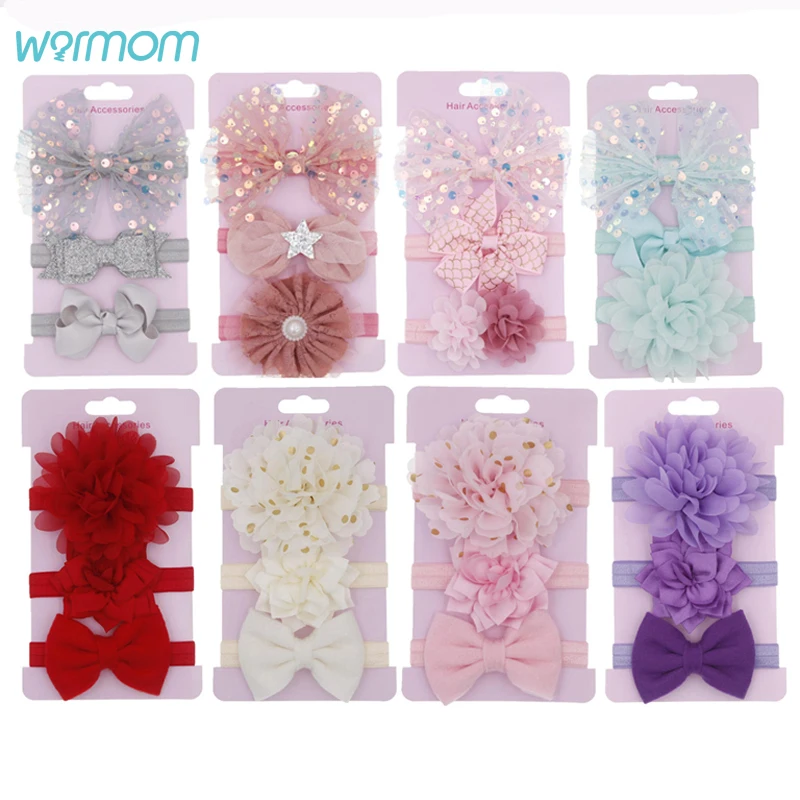 

Warmom 3PCS Baby Girls Headwear Set Sequins Bowknot Headband Newborn Kids Flowers Headwrap Hair Accessories Suit For Kids Gift