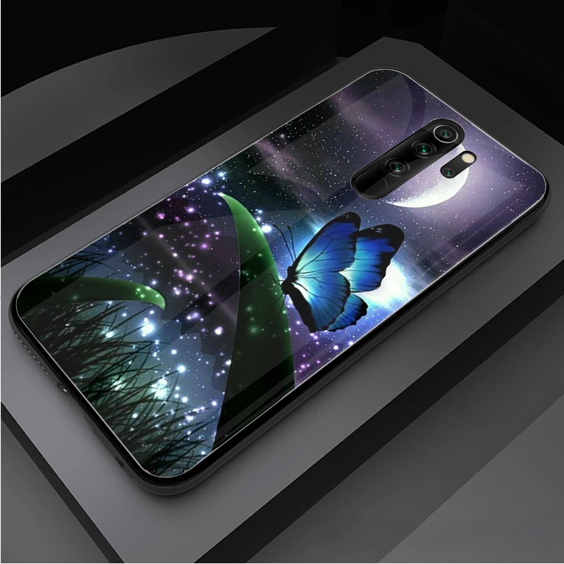 Butterfly Tempered Glass Phone Case For Redmi Note 5 6 7 8 9 Pro Note8T Note9S Pro Redmi7A 8 9 Cover Shell