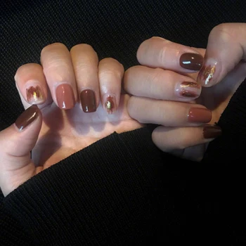 

24pcs/box with 2g glue Girls Shiny Gold Powder Decoration Fashion Fake Nail press on Coffee Color Rendering Full Cover nail tips