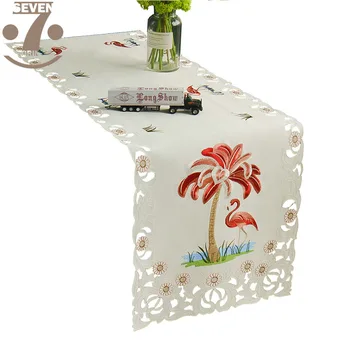 

16x70 Inches Table Runner Beige Colour Satin Fabric Flamingo Embroidered Festival Wedding Party Decoration