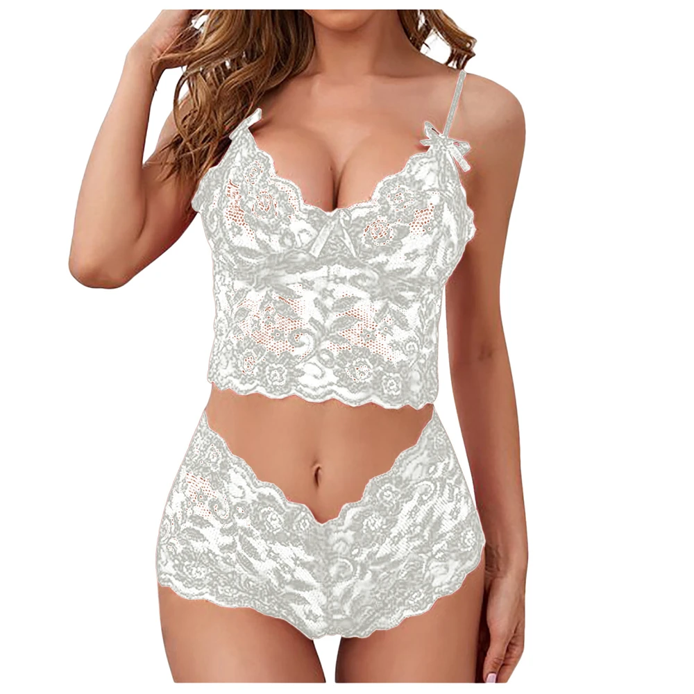 Sexy Sheer Lingerie Underwear Set Women Transparent Lace Bra Set 2023 Vest Camisole Crop Top Panties Outfits Shorts Sleepwear