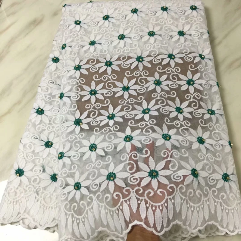 

2019 African Tulle Lace Fabrics High Quality Swiss Voile Lace Embroidered Nigerian Lace Fabrics with Beads For Wedding Party