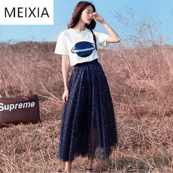 

MEIXIA Summer Women Romantic two piece set Casual Planet Sequin tops + skirt Elastic Waist Pleated skirt Suit Set 2 Piece Set
