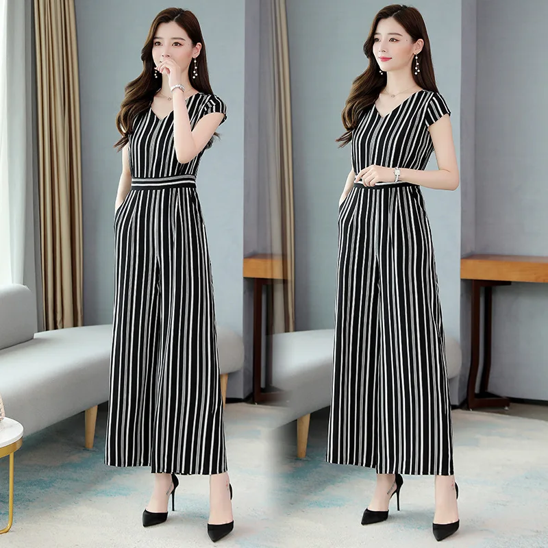 

Fashionable Stripe Jumpsuits Suit, Female 2020 nian Summer Temperament Thin Chiffon One Piece Wide Leg Pants L Jumpsuit Women