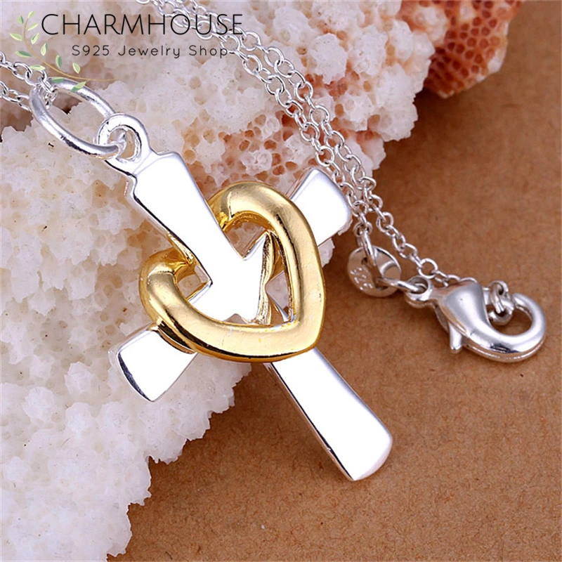 Charmhouse чистое серебро ожерелья для женщин сердце золотистого цвета крест